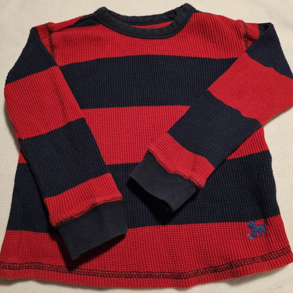 Mini Boden Long-Sleeve Waffle Shirt, Red with Navy Stripes & Trim, Size 2-3Y